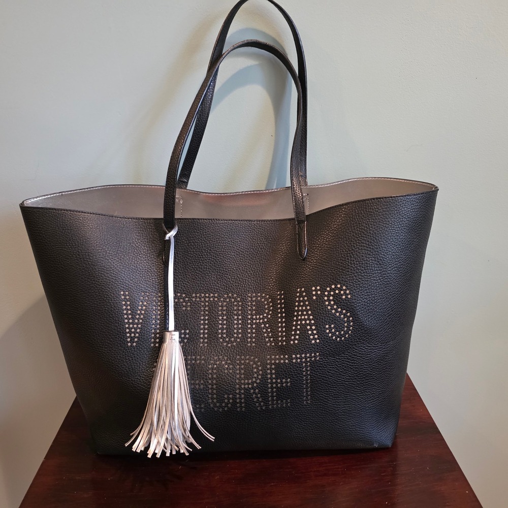 Victoria Secret Black Pebbled Tote Bag Metallic Silver Logo Tassel Large Handbag